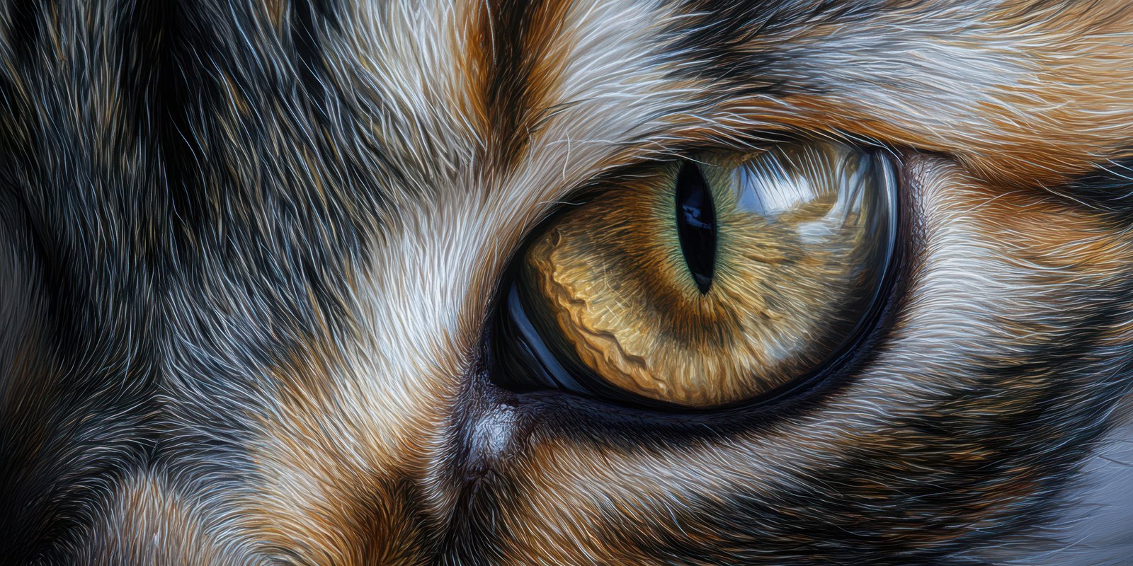 Close-up view of a cat's eye highlighting intricate patterns and striking colors in natural light, capturing detailed textures and expressions